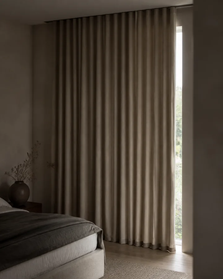 Бежевая льняная портьера Linen Blackout Drape в затемнённой спальне у высокого окна