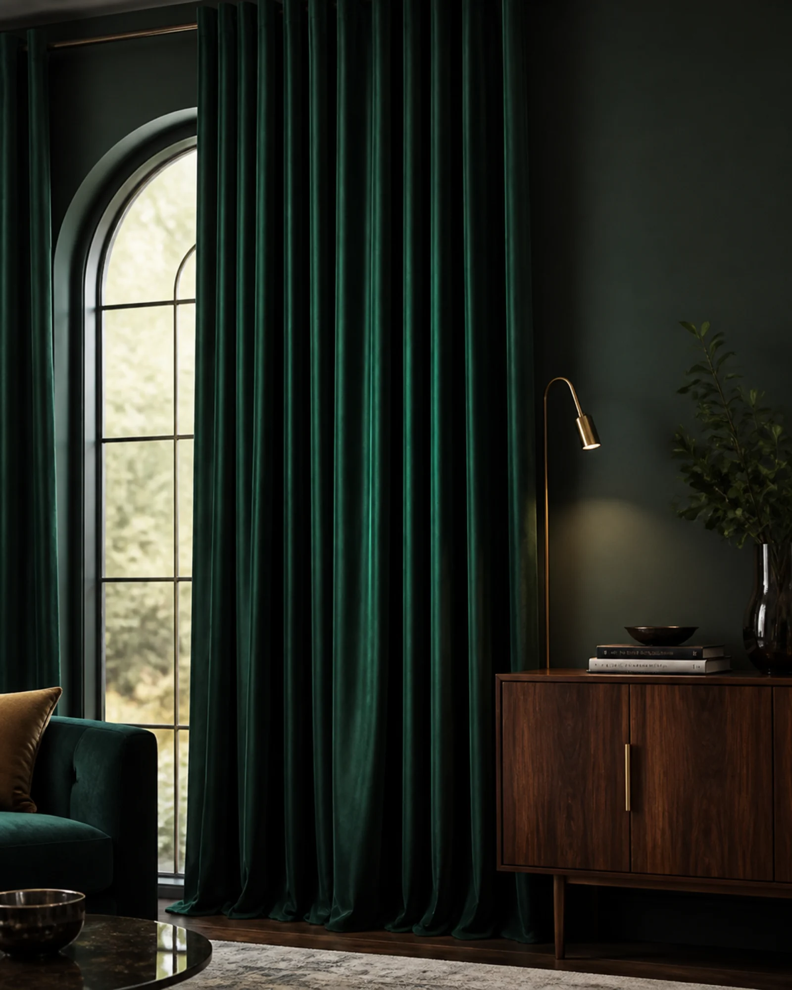 Изумрудная бархатная портьера Emerald с глубокими матовыми складками у окна
