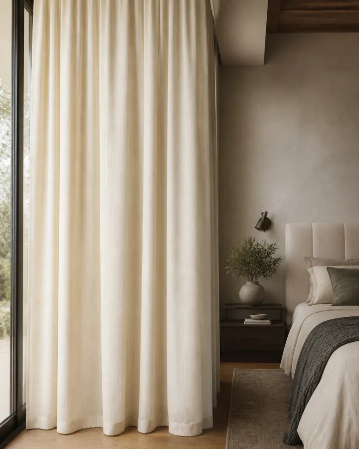Иллюстративная AI-визуализация оконного текстиля ENAS JASMINE в интерьере; оттенок и фактуру необходимо подтвердить по физическому образцу