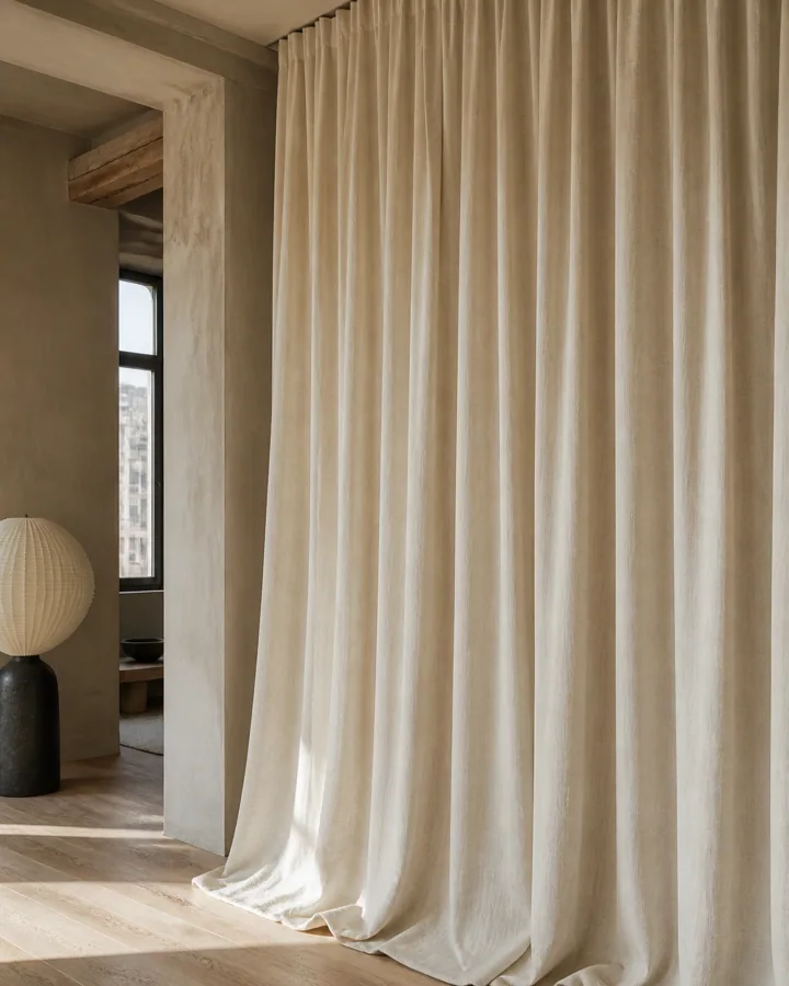 Иллюстративная AI-визуализация оконного текстиля ENAS VALENCE в интерьере; оттенок и фактуру необходимо подтвердить по физическому образцу
